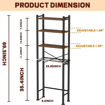 GloTika 4-Tier Over Toilet Storage with Anti-Tilt Safety System - 150lb Total Capacity Metal Bathroom Shelves Including Paper Holder & 4 Hooks, Space Saving Above Commode Organizer (69.3" H, Brown)