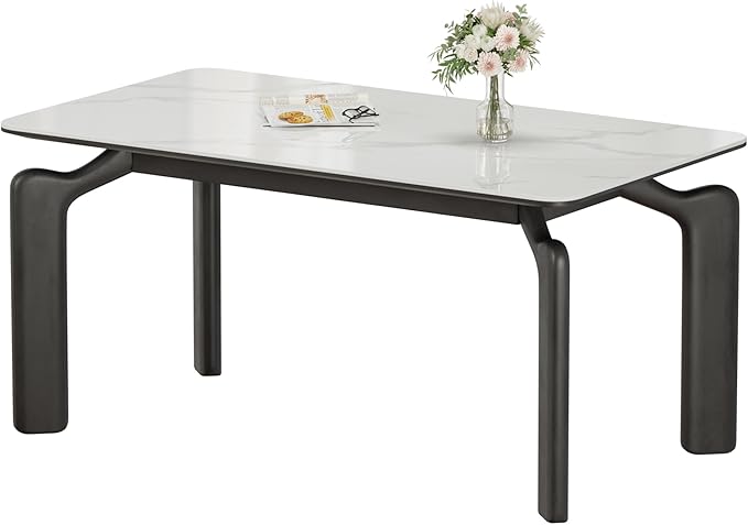 59'' Modern Dining Table, Sintered Stone Kitchen Table, Rectangular Slate Patio Table with Metal Legs, Indoor-Outdoor, Backyard, Scratch and Heat Resistant