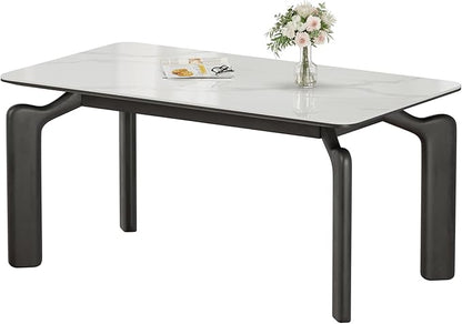 59'' Modern Dining Table, Sintered Stone Kitchen Table, Rectangular Slate Patio Table with Metal Legs, Indoor-Outdoor, Backyard, Scratch and Heat Resistant