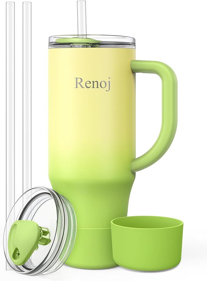 Tumbler with Handle 100% Spill Resistant Insulated Water Bottle for Iced Coffee & Hot Drinks - Fits Car Cup Holder, Ideal Gift, 2 Straws & Silicone Boot BPA-Free - FlexSlide Green Gradient 32 oz