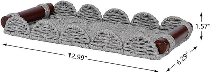 CubesLand Bathroom Toilet Paper Tray Organizer, Scalloped Decorative Tray w/Wood Handle for Counter, Shelves, Wicker Tray for Farmhouse Rustic Home Decor, Coffee Table Decor, Seasonal Decor, Grey