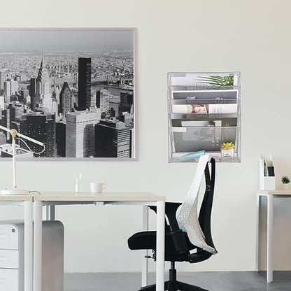 EASEPRES Desk File Organizer Mesh 6-Tier, Hanging Wall Mount Document Organization Stand, Desktop Vertical Mail Paper Folder Holder Rack with Bottom Tray for Office Home Cubicle Countertop, Silver