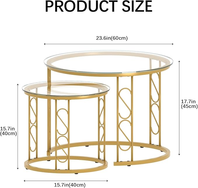 Garden 4 you Nesting Coffee Table, 23.6" Round Coffee Table Set of 2, Glass Nesting Table with Metal Frame, Ceter Tables for Living Room Bedroom Balcony, Gold