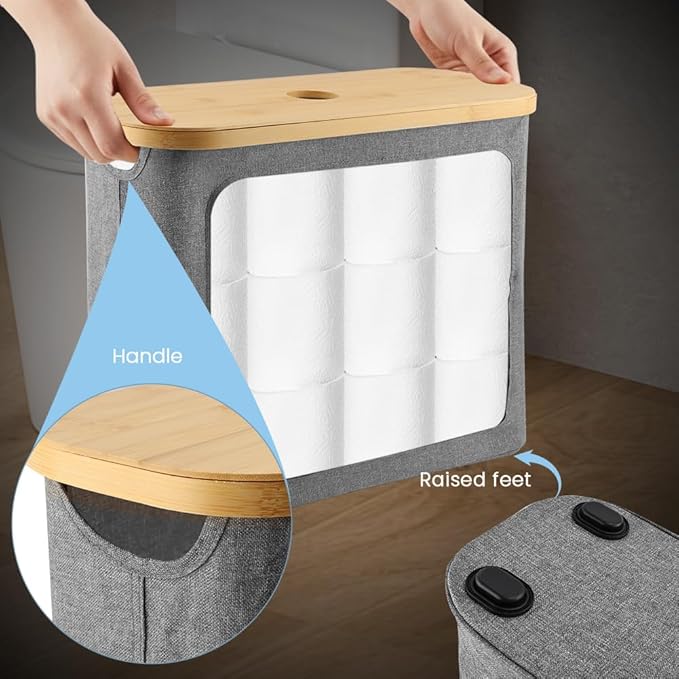 Toilet Paper Basket, Toilet Paper Storage with Lid for 12 Rolls, Collapsible Bathroom Toilets Papers Holder Organizer, Extra Toilets Roll Storage(Color:Grey)