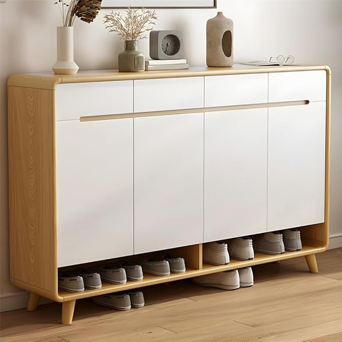 NIUYAO Shoe Storage Cabinet with 4 Drawers Solid Wood Morden Simple Style Free Standing Hidden Shoe Racks Organizer for Entrance Hallway Entryway -White Wood 63" L x 14" W x 40" H