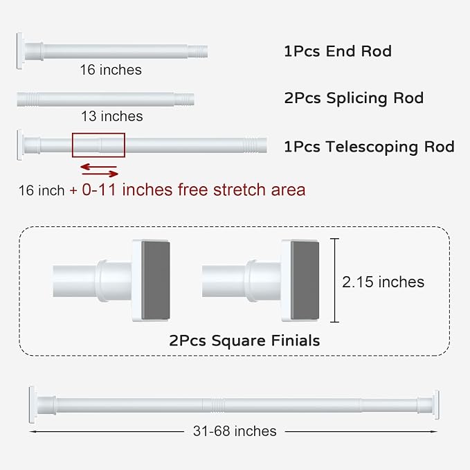 UIOSANRT White Shower Curtain Rod 31-68 Inches Non-Slip Shower Rod Tension Mounted No Drill Shower Curtain Rods Spring Tension Rod Adjustable Tension Curtain Rod for Windows Bathroom