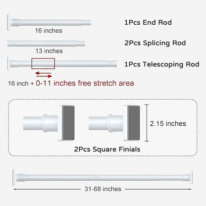 UIOSANRT White Shower Curtain Rod 31-68 Inches Non-Slip Shower Rod Tension Mounted No Drill Shower Curtain Rods Spring Tension Rod Adjustable Tension Curtain Rod for Windows Bathroom