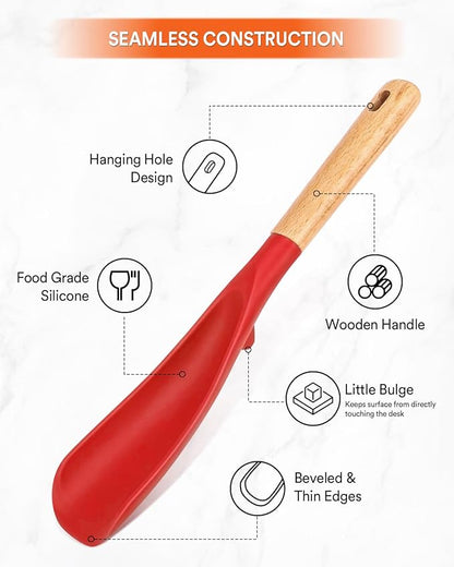 Cooking Spoon for Nonstick Cookwares, Great for Cooking and Serving Sturdy BPA-Free Matte Silicone, Wood Handle Spoon for Mixing, Scoop, and Scrape (RED, 11.4 inch)