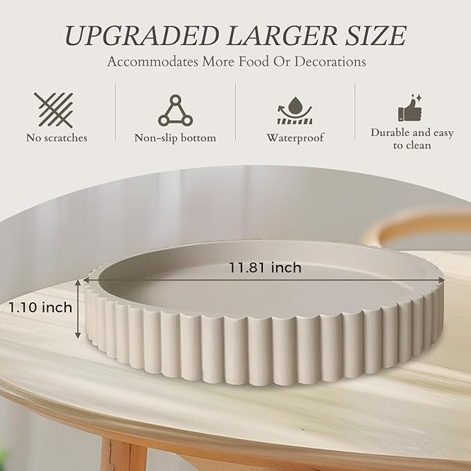 13" Round Solid Concrete Decorative Tray - Heavy Duty Fluted Centerpiece for Coffee Table, Serving, Patio, Home Office & Entryway - Modern Home Decor Trays(Gray)