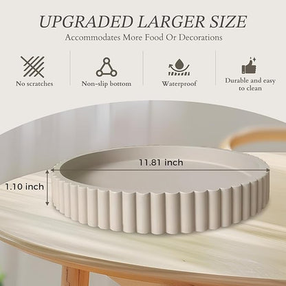 13" Round Solid Concrete Decorative Tray - Heavy Duty Fluted Centerpiece for Coffee Table, Serving, Patio, Home Office & Entryway - Modern Home Decor Trays(Gray)