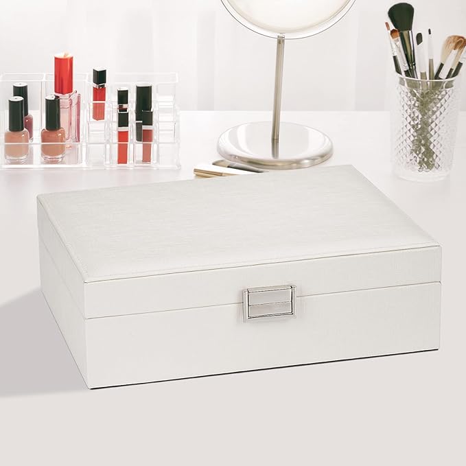 Jewelry Organizer Box for Girls Women - Double Layer Large Travel Jewelry Case with Gift Box/White