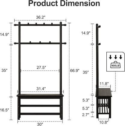 AQIMUELE Coat Rack with Shoe Storage, Wooden Hall Tree with Bench, 11 Hooks and 2-Tier Storage Shelves, 3-in-1, Entryway Bench with Coat Rack (31.5"-Deep Black)