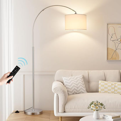 Ambimall Dimmable Arc Floor Lamp with Remote, Color Temperatures and Brightness Adjustable, Arched Floor Lamp with Rotating Head, Over Couch Arched Reading Light for Living Room (White and Silver)