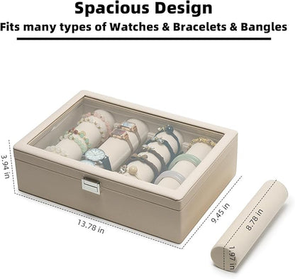 Bracelets Organizer Rods Bangles Display Holder, Clear See through Lid Leather Velvet Jewelry Storage Box Case for Women, 4 Rods Apricot Leather
