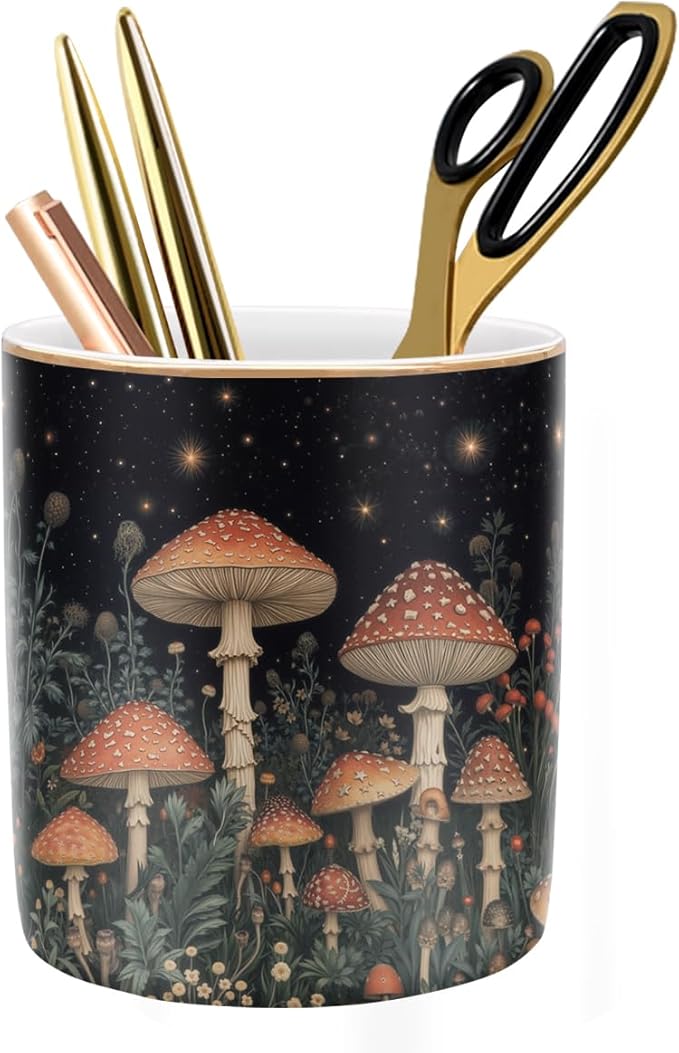 WAVEYU Pen Holder, Pencil Cup for Desk, Cute Makeup Brush Holder, Durable Ceramic Organizer Decor for Room, Office, Classroom, Cute Mushroom Pattern
