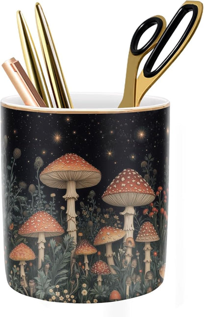 WAVEYU Pen Holder, Pencil Cup for Desk, Cute Makeup Brush Holder, Durable Ceramic Organizer Decor for Room, Office, Classroom, Cute Mushroom Pattern