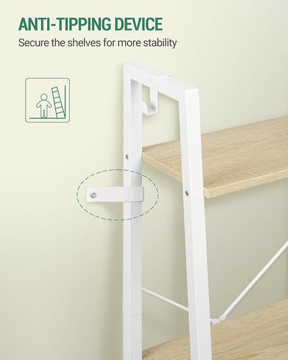 Ladder Shelf, Bookshelf Bookcase, Freestanding Corner Storage Shelve with 2 Hooks for Home Office, Living Room, Kitchen, Bedroom, Industrial, 11.8" D x 13.4" W x 63" H, White Oak and White