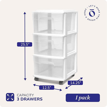 HOMZ 3-Drawer Storage Cart, Plastic Home, Dorm, & Office Organizer, White Frame