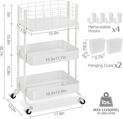 KINGRACK 3 Tier Rolling Cart, Metal Mobile Storage Shelf with Lockable Wheels, Prevent Falling Utility Trolley Cart, Storage Organizer for Kitchen, Office, Bathroom, Dorm, White