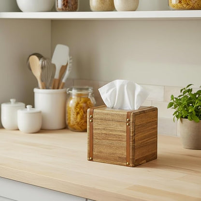 MyGift Premium Acacia Solid Wood Tissue Box Cover, Mid Century Style Square Bathroom Facial Tissue Box Dispenser Holder with Decorative Vintage Leatherette Straps