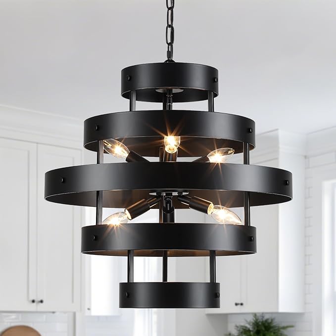 Modern Dining Room Light Fixture Over Table, 6-Light Black Farmhouse Chandelier Industrial Round Metal Rustic Chandeliers Lighting for Kitchen Living Room Entryway Hallway