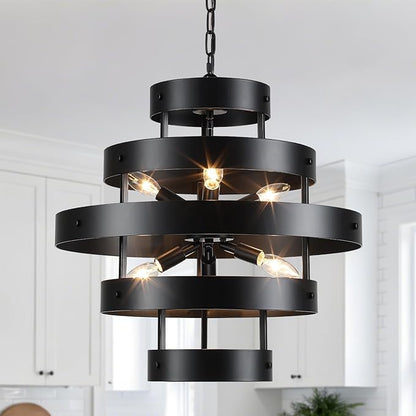 Modern Dining Room Light Fixture Over Table, 6-Light Black Farmhouse Chandelier Industrial Round Metal Rustic Chandeliers Lighting for Kitchen Living Room Entryway Hallway