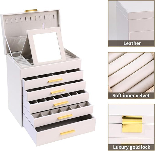 BOOVO Jewelry Boxes for Women, White and Black 6 Layer Large Jewelry Box for Necklace, Bracelet, Earrings, Rings Storage, Jewelry holder Organizer for Girls Gift (White and Gold, 6 layer)