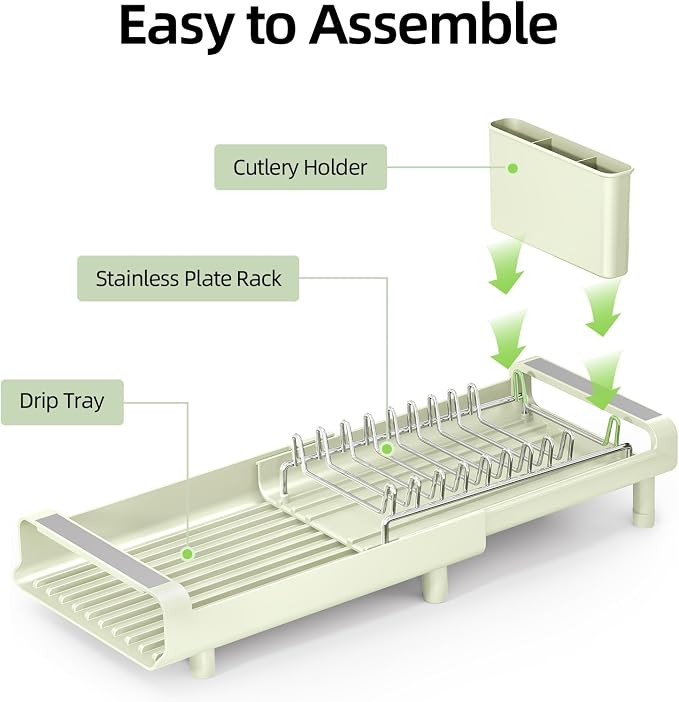 TOOLF Small Dish Drying Rack, Mini Expandable Compact Dish Rack, Slim Extendable Stainless Steel Dish Drainer for Kitchen Countertop, Space Saving Dish Strainer, Soft Celery Green