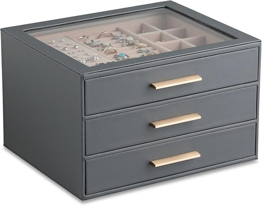 Frebeauty Clear Lid Jewelry Box,3-Layer Jewelry Organizer with Drawer,PU Leather Jewelry Organizers and Storage,Jewelry Boxes for Women,Jewelry Storage for Rings Earring Stud,Gift for Women(Grey)