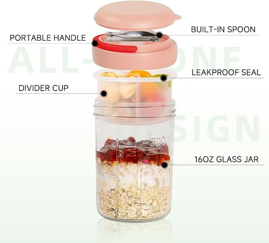 Overnight Oats Containers with Handles & Lids – 16oz Glass Mason Jars with Spoons & Fruit Compartments, Meal Prep Breakfast Jars, 2 Sets (Cream, Pink)