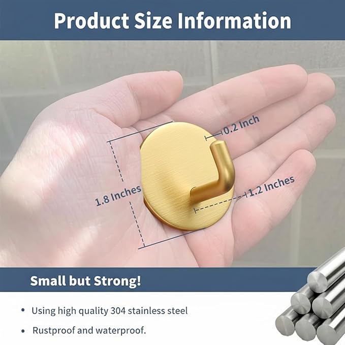 Adhesive Hooks Heavy Duty Waterproof in Shower Hooks for Hanging Loofah, Towels, Clothes, Robes for Bathroom Removable Adhesive Wall Hooks Door Hook Stainless Steel Stick on Hooks 4 Pcs (Gold)