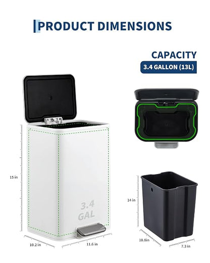 3.4 Gallon/13 Liter Trash Can, Stainless Steel Step Garbage Can with Quiet Soft-Close Lid, Foot Pedal & Removable Inner Bucket, Rectangular Trash Bin for Bathroom Home Office, White