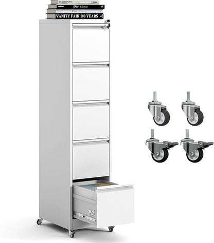 5 Drawer Mobile File Cabinet, Metal Filing Cabinet with Lock and Wheels, Home Office Rolling File Cabinets for Legal/Letter Hanging File Folders, Un-Assembled (White)