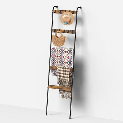 Blanket Ladder Shelf for Living Room, 5-Tier Wall Leaning Towel Rack with 10 Removable Hooks, Rustic Farmhouse Wooden Quilt Blanket Holder for Bedroom Boho Bathroom Decor, Rustic Brown