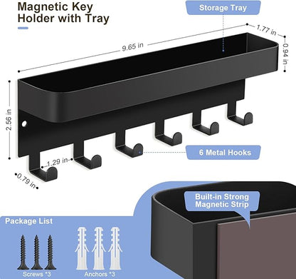 RELBRO Magnetic Key Holder for Fridge, Metal Wall Mount Key Rack with Shelf, 6 Hooks, 2 Installation Options, Black