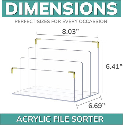 pbf Acrylic File Holder | Clear File Organizer for Desk w/ Gold Accents | Acrylic Desk Organizer, Folder Holder, Mail Sorter, File Stand, Magazine Divider, Laptop, Notebook, & Letter Organizer