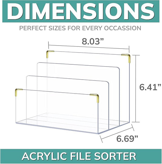 pbf Acrylic File Holder | Clear File Organizer for Desk w/ Gold Accents | Acrylic Desk Organizer, Folder Holder, Mail Sorter, File Stand, Magazine Divider, Laptop, Notebook, & Letter Organizer