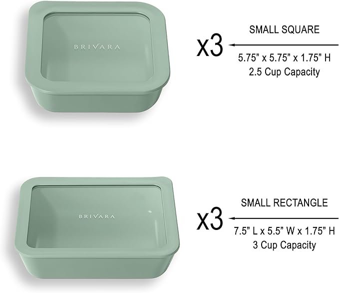 BRIVARA HOME Ceramic Coated Glass Food Storage Container | No PTFE, PFOA, PFAS, and BPA | Reusable Non Toxic Meal Prep Container with Glass Lid | Easy To Store | 6 Piece Food Prep [Willow]