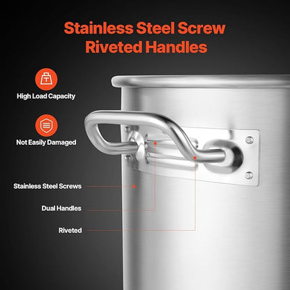 VEVOR Stainless Steel Stockpot, 84 Quart Large Cooking Pots, Cookware Sauce Pot with Basket, Lid, and Handle, Heavy Duty Commercial Grade Stock Pot, Sanding Treatment, for Large Groups Events Silver
