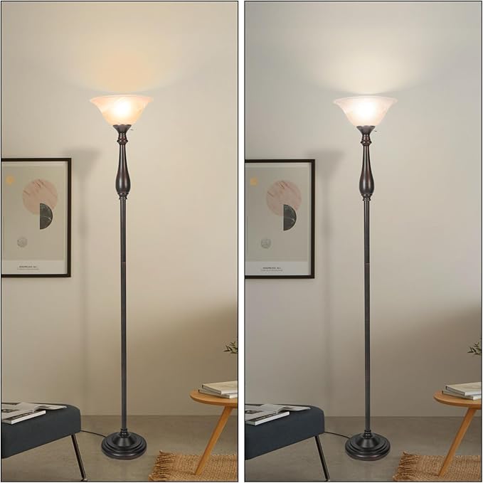 HonoDing Torchiere Floor Lamp for Living Room, Standing Lamp with Glass Shade, Iron Brushed Nickel Floor Lamps, Corner Lamps for Bedroom, Office, Reading (Dark Brown)