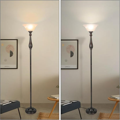 HonoDing Torchiere Floor Lamp for Living Room, Standing Lamp with Glass Shade, Iron Brushed Nickel Floor Lamps, Corner Lamps for Bedroom, Office, Reading (Dark Brown)