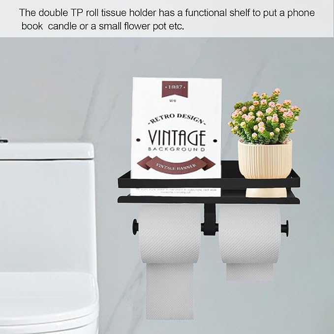 Matte Black Toilet Paper Holder with Shelf Wall Mounted,Stainless Steel Double TP Roll Tissue Holder for Bathroom(1, Matte Black)