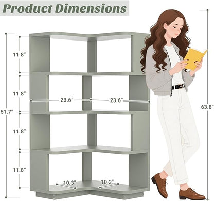 Armocity Corner Book Shelf - 5 Tier Corner Bookshelf Etagere Bookcase with Baffle, Freestanding L Shaped Display Shelf Stand for Home Office, Living Room, Bedroom, Kitchen, Crab Green