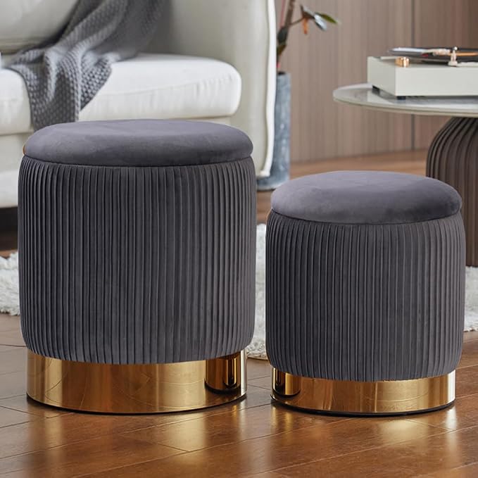 YYW HOME Gray Round Ottoman with Storage Set of 2 | Large storage capacity, Removable Lid, Used for Vanity Stoo,l Assemble Free, Nesting Packing