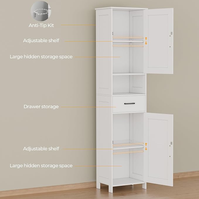 Homhedy 67" H Tall Bathroom Storage Cabinet with 2 Barn Doors and 1 Drawer, Narrow Storage Unit, Adjustable Shelves, Floor Cabinet for Bathroom, Living Room, Entryway, Kitchen, White, (15.7" W)
