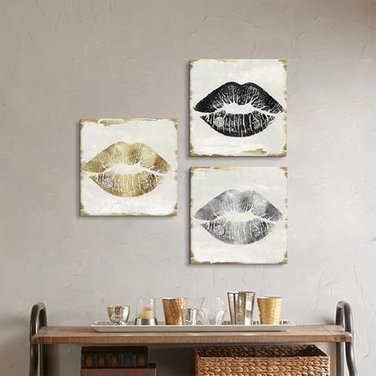 Lips Wall Decor Gold Silver and Black Lip Canvas Wall Art Glam Lips Poster for Bathroom Livingroom Bedroom Makeup Room Wall Decor 12x12Inchx3pcs
