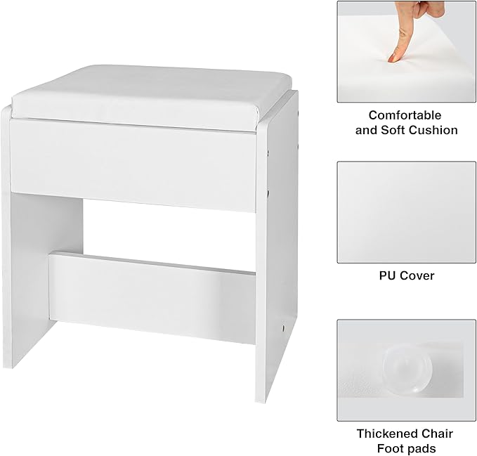KAMABOKO Vanity Desk with Mirror, LED Lights and Power Outlet, Makeup Vanity Table with Glass Display Cabinet and 4 Drawers, Dressing Table with Stools for Bedroom (010 White)
