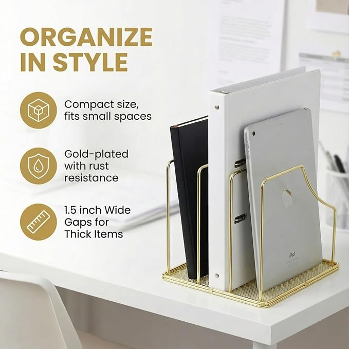 2-Pack Gold Metal File Organizer with Mesh Bottom - Vertical Magazine, Mail & Paper Sorter - 3-Slot Wire Rack for Office, Binders, Makeup Palettes - Aesthetic Desk Organizer