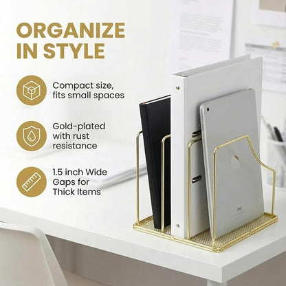 2-Pack Gold Metal File Organizer with Mesh Bottom - Vertical Magazine, Mail & Paper Sorter - 3-Slot Wire Rack for Office, Binders, Makeup Palettes - Aesthetic Desk Organizer