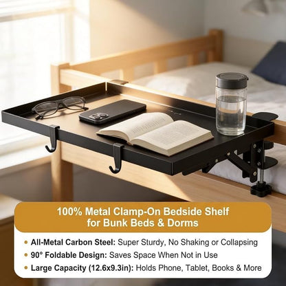 Foldable Bedside Shelf Set, Clip-On Bed Shelf with T-Shaped Cord Hole & Hook, Clip-On Table for Top Bunk, Clip-On Nightstand for College Dorm Loft Bed
